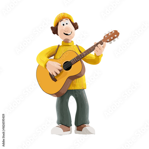 A cheerful musician plays guitar.