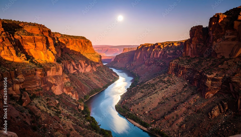 Fototapeta premium River Flowing Through Rocky Canyon at Sunset Scenery
