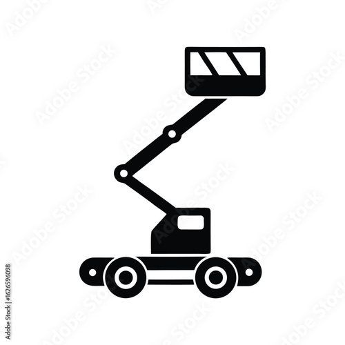 Black silhouette icon of a mobile boom lift with a platform on a white background aerial work platform