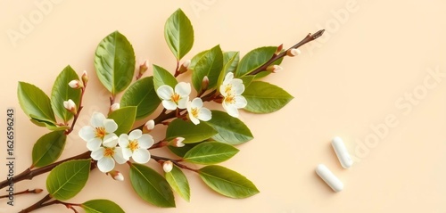 Fresh spring branches with new leaves and antihistamine pills on beige background,   clean,  branches