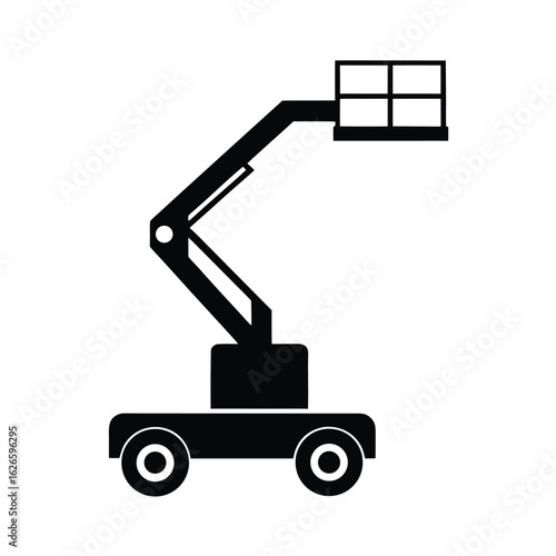 Black silhouette of a boom lift with a basket at the end of its extended arm on white aerial work platform
