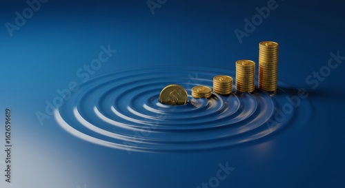 Visualizing Compound Interest, a golden coin creates ripples in calm blue water, leading to taller stacks of coins, illustrating financial growth.