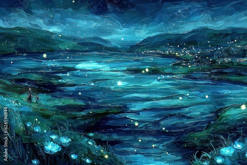 Wallpaper Mural Nightly lake scene, glowing flora, and distant town Torontodigital.ca