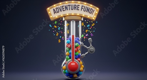 The Savings Goal Thermometer. A giant tube with colorful spheres, a red indicator, and a robotic arm, tracking an 