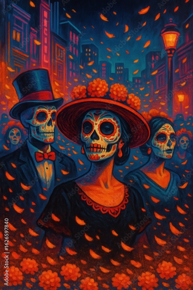 Obraz premium Halloween style illustration of Day of the Dead parade featuring glowing skull masks, traditional costumes, and marigold petals under streetlights in a festive urban setting