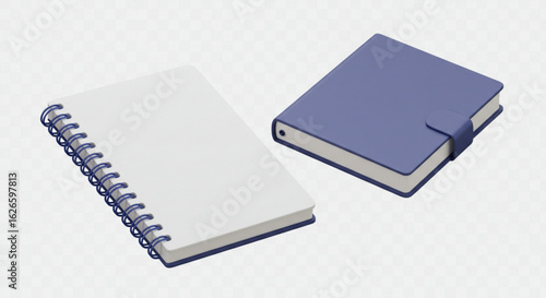 Two books one with a spiral binding and the other with a blue cover and a strap on a white background vreated with genrated ai