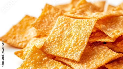 Golden fried wonton crackers create a delightful crispy texture experience