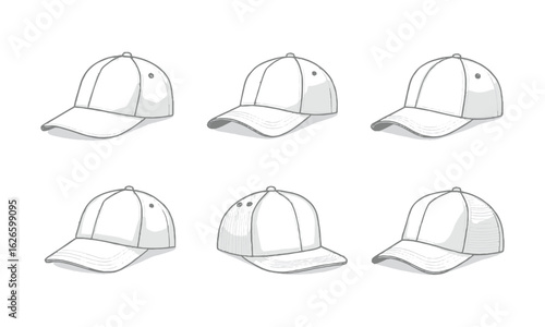 Scalable modern vector illustration showcasing three types of caps  Baseball Cap, Hip-Hop Cap, and Trucker Cap — in a multi-angle format, easily editable.