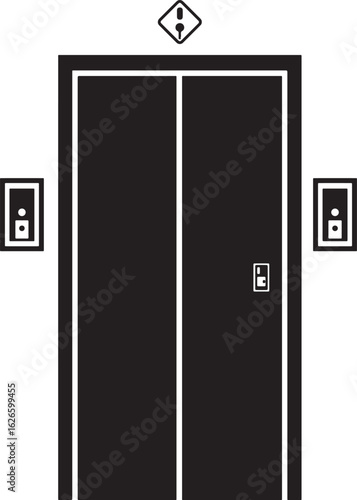 Black elevator doors with call buttons and warning sign white