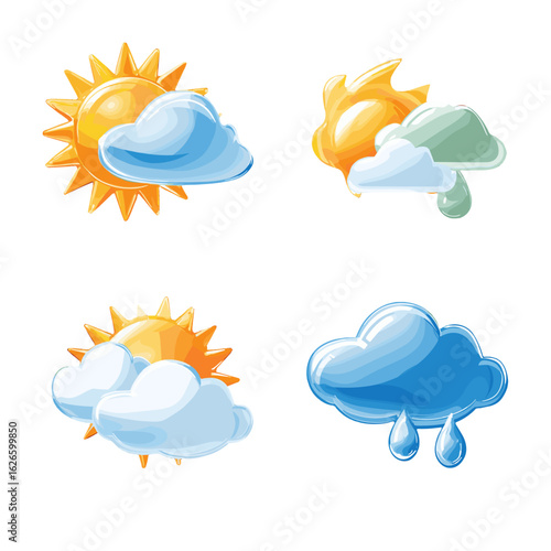 Four weather icons with sun, clouds, and rain.