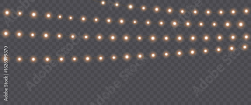 Gold Christmas garland on transparent background, new year light effect elements for banner, poster, flyer and xmas card. Horizontal yellow wires shining, led strips png, vector illustration.