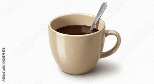 A beige coffee mug filled with dark coffee and a silver spoon on a plain white background scene view vreated with genrated ai