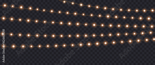 Gold Christmas garland on transparent background, new year light effect elements for banner, poster, flyer and xmas card. Horizontal yellow wires shining, led strips png, vector illustration.