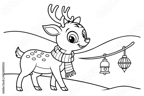 Coloring Pages, sweet reindeer with scarf and bells, cartoon style, black and white line art