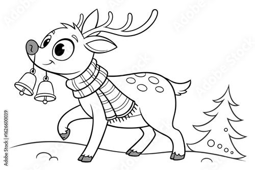 Coloring Pages, sweet reindeer with scarf and bells, cartoon style, black and white line art