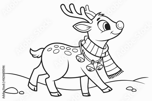 Coloring Pages, sweet reindeer with scarf and bells, cartoon style, black and white line art