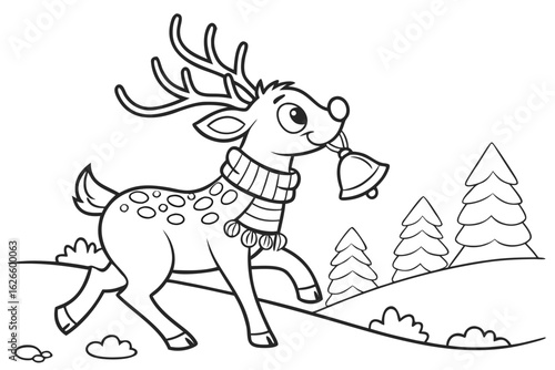 Coloring Pages, sweet reindeer with scarf and bells, cartoon style, black and white line art