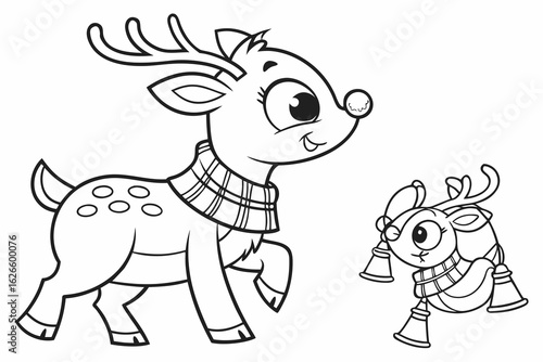 Coloring Pages, sweet reindeer with scarf and bells, cartoon style, black and white line art