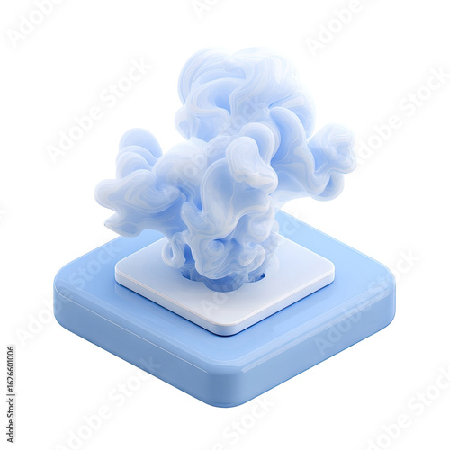 Light blue, stylized cloud-like shape resting atop a light blue square podium