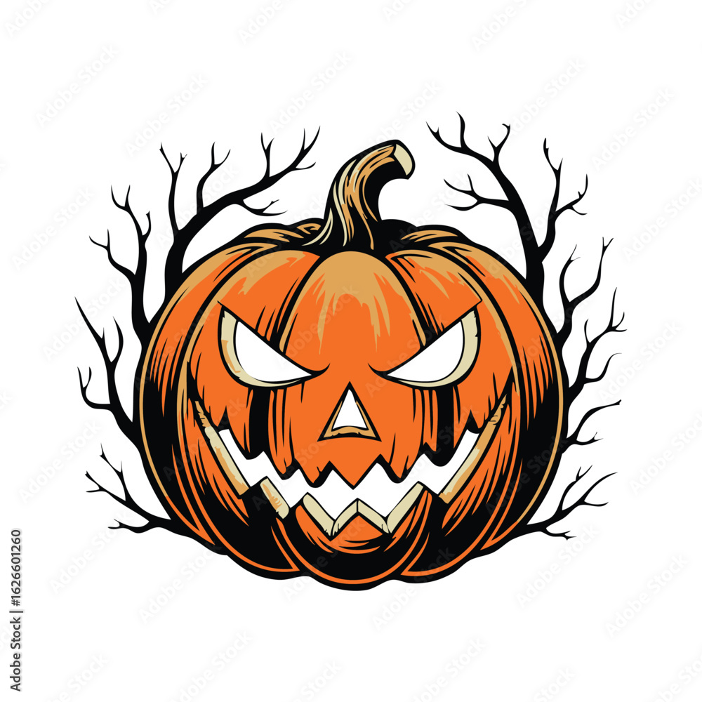 Spooky halloween jack o lantern pumpkin with bare tree branches silhouette vector Spooky halloween jack o lantern pumpkin with bare tree branches silhouette vector