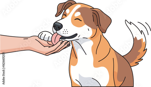 A happy brown and white cartoon dog with closed eyes affectionately licking a human hand.