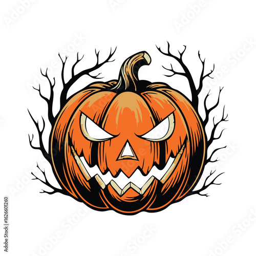 Spooky halloween jack o lantern pumpkin with bare tree branches silhouette vector