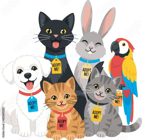 A diverse group of happy cartoon pets for adoption including cats a dog a rabbit and a parrot all wearing Adopt Me tags.