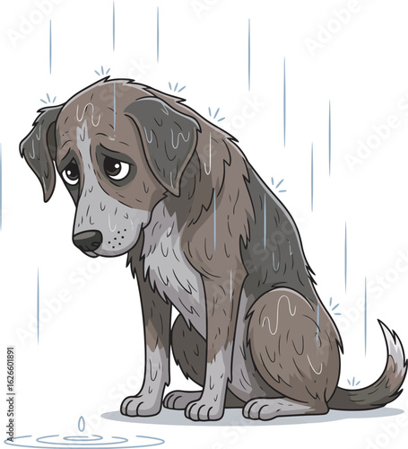 Cartoon illustration of a lonely sad stray dog with wet fur sitting in a puddle during a downpour.