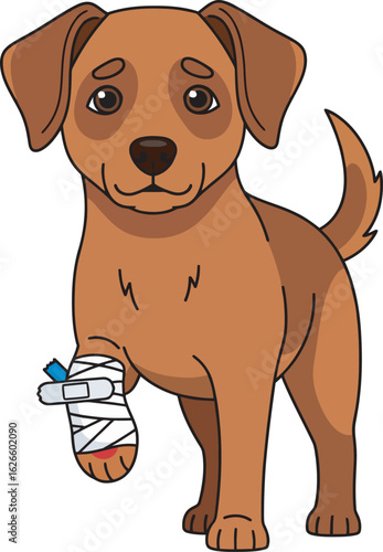 Cartoon illustration of a sad brown dog with a bandaged injured front paw.
