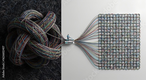 Organizing Financial Chaos, a miniature person untangles a chaotic knot of colorful wires, forming an orderly grid, symbolizing structure and resolution.