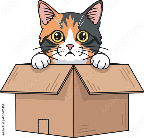 Cartoon calico cat with a sad face and white paws peeking from a cardboard box.