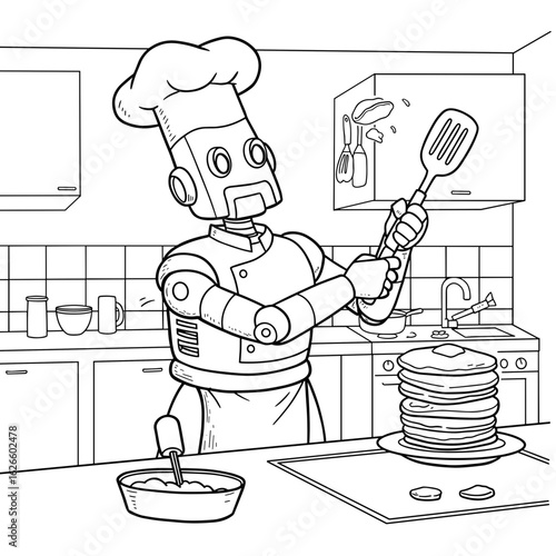 Robot chef cooking pancakes in a modern kitchen  