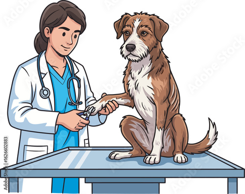 Cartoon of a female veterinarian trimming a calm scruffy dogs nails on an examination table.