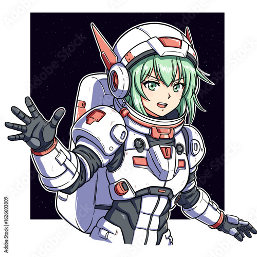 Anime astronaut character with green hair in space suit  