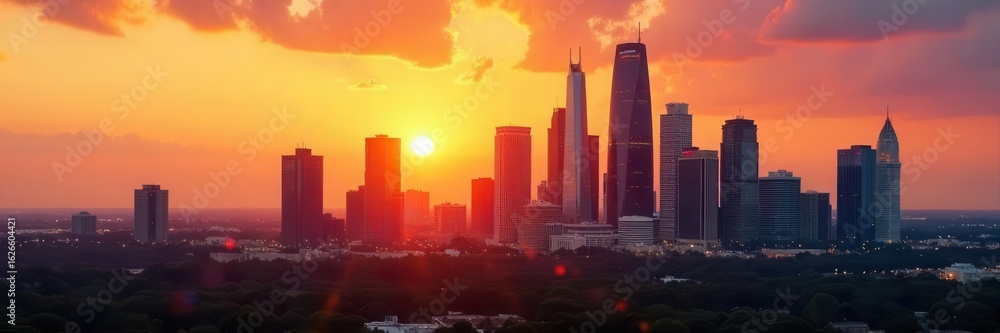 Fototapeta premium Golden hour hues paint Houston's skyscrapers, reflecting on the city's energy , texas, photo