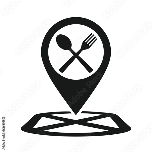 Black restaurant location pin icon with spoon and fork over map marker on white background Keywords: location, pin, map, marker, navigation