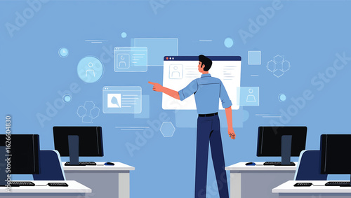 Male instructor presenting on a futuristic digital interface in a computer classroom vector