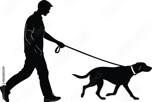 Silhouette of Man Walking Dog on Leash,Man walking with dog silhouette vector,Silhouette of a man with his dog,Man walking with dog silhouette vector illustration,Silhouette of a man walking a dog.Ai