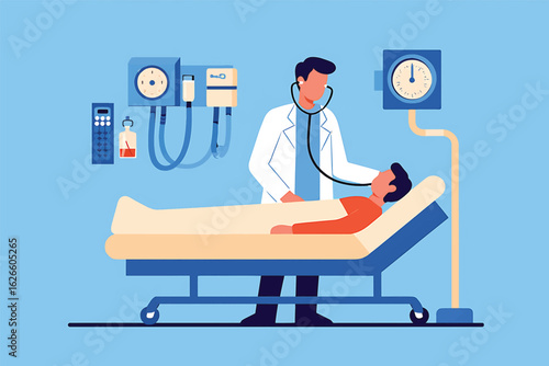Vector illustration of a doctor examining a patient in a hospital room with a stethoscope
