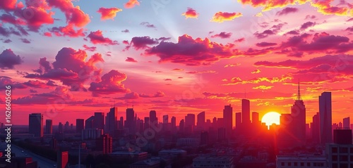 Vibrant sunset hues over a stylized city skyline, comic book style, night, vibrant