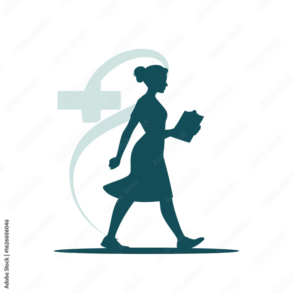 Obraz premium Silhouette of a woman with clipboard and medical symbol