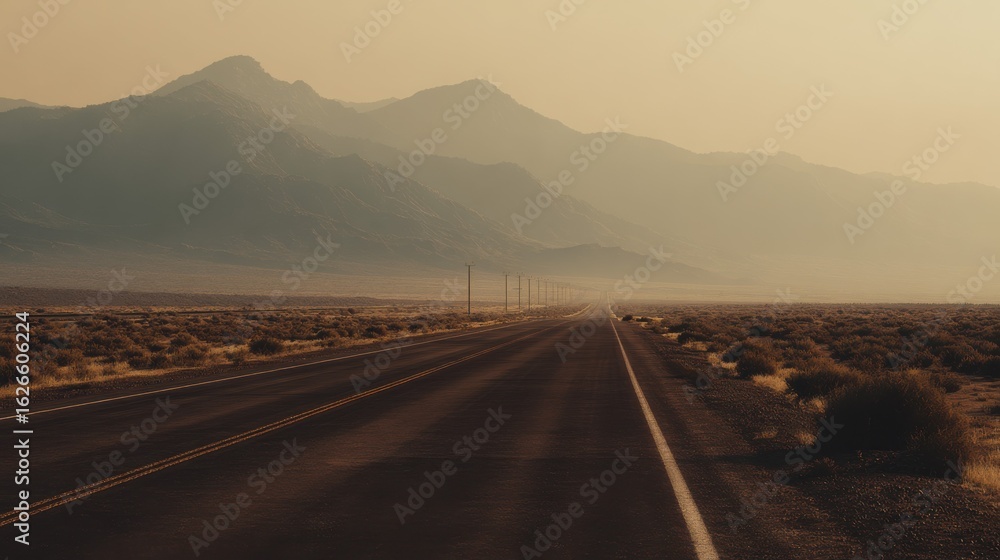 Fototapeta premium An empty asphalt road stretches into the distance with mountains fading in the misty horizon