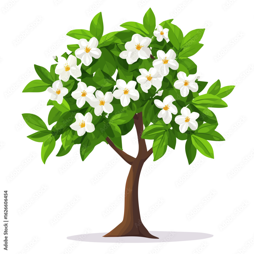Fototapeta premium Minimal flat vector of a Jasmine Tree, 2D icon-style illustration on white background