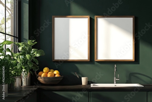 Two blank frames on a dark green kitchen wall, with fresh fruit and plants. Sunlight streams in