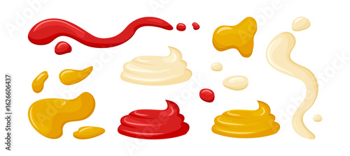 Sauce stain icon. Ketchup, mustard and mayonnaise splash. Cartoon dip splatter. Seasoning blob, food drip set. Kitchen tasty set isolated on white background. Liquid dressing. Vector illustration