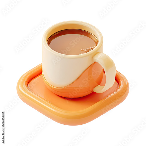 A stylized, 3D coffee cup and saucer in vibrant orange and cream