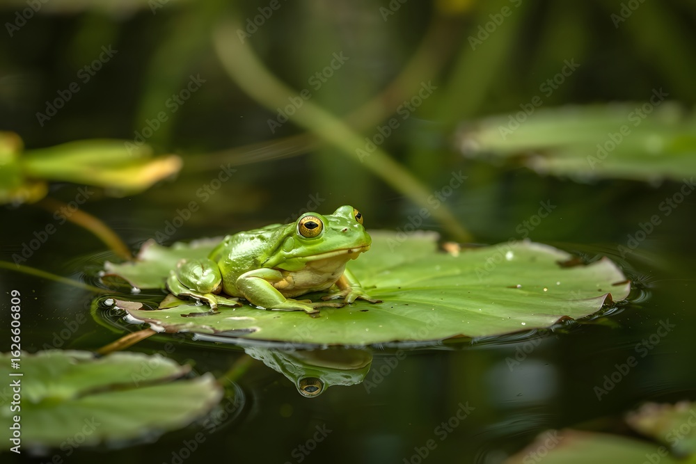 Obraz premium Green frog sitting on a lily pad in a pond in the summer season