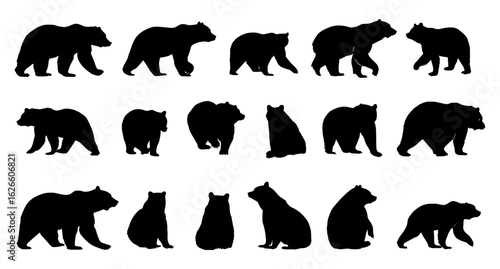 Animal silhouette set of bears in diverse poses — standing, walking, resting, sitting — fitting wildlife, nature, environment, conservation, zoology, ecology, vector art, graphic design
