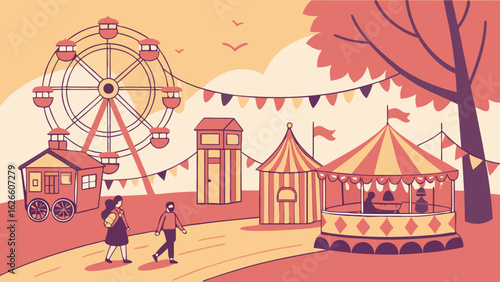 Illustration of a carnival scene with a ferris wheel, tents, people, and decorative flags strung across the area