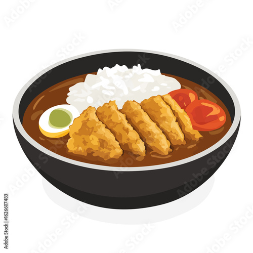 Minimal flat vector of a Katsu Curry, 2D icon-style illustration on white background